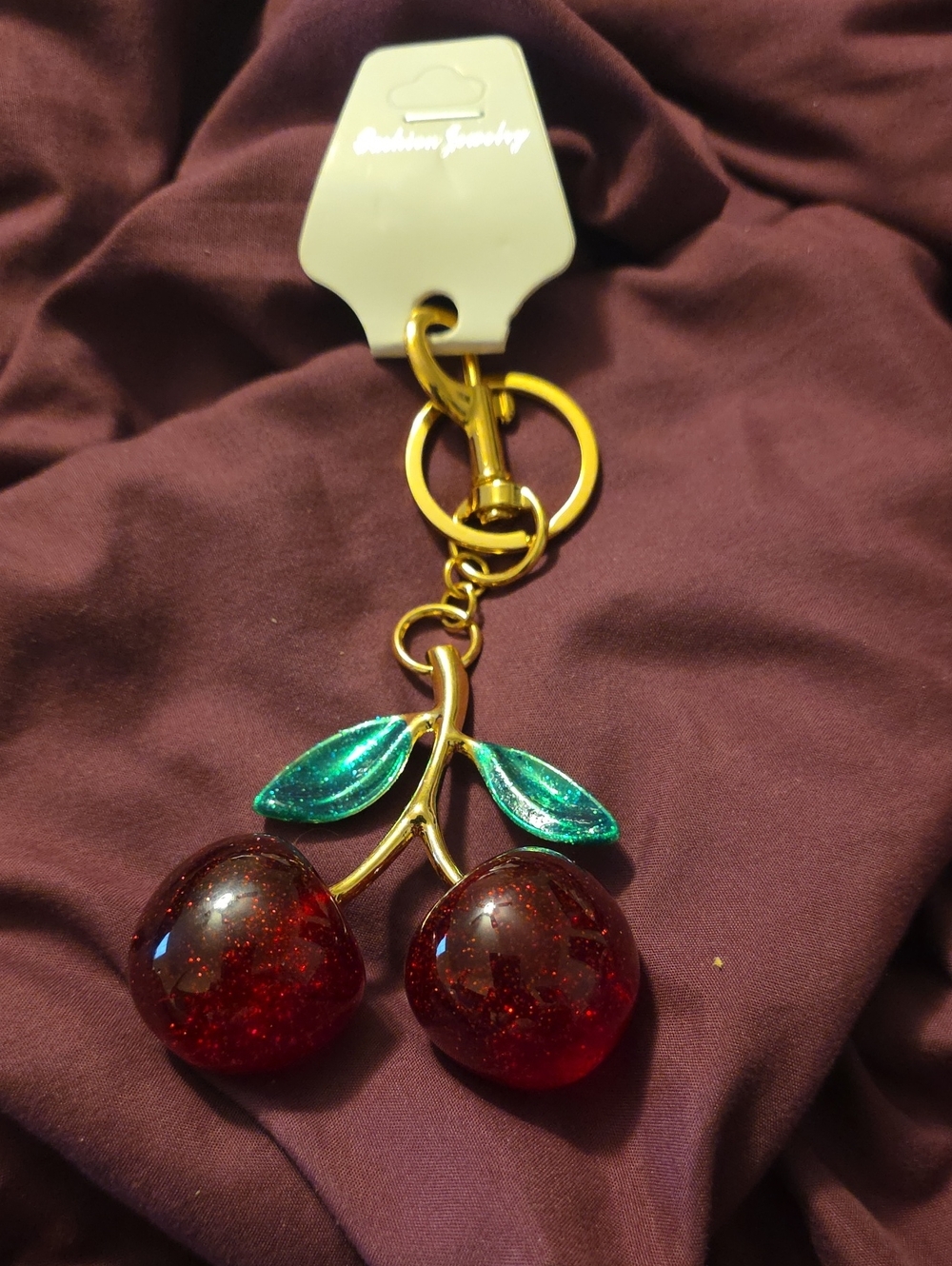 Gold Cherry Keychain with Red Glitter Cherries
